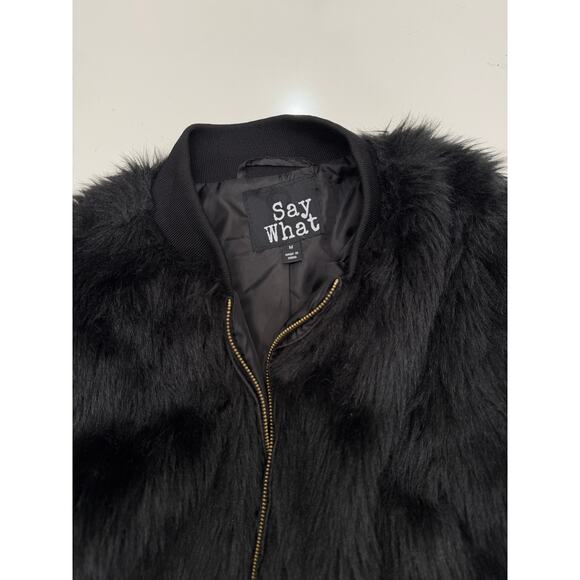 Say What womens black faux fur bomber jacket sz M whimsigoth dark romantic black - Picture 3 of 6